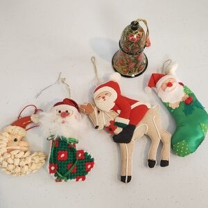 Vintage Kitsch Santa Christmas Tree Ornaments Painted Wood Bell Kitschy 1970s